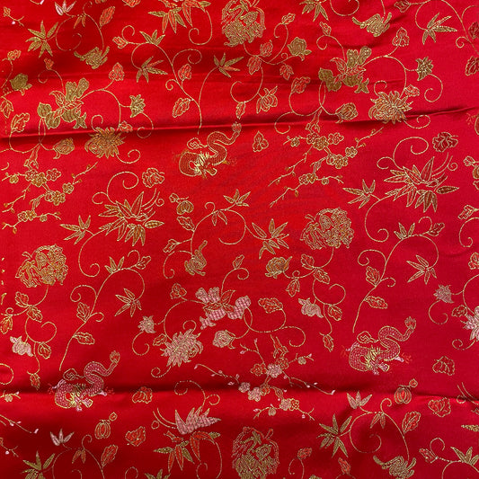 4 1/2 Yds Red Gold Dragon Floral Satin Brocade