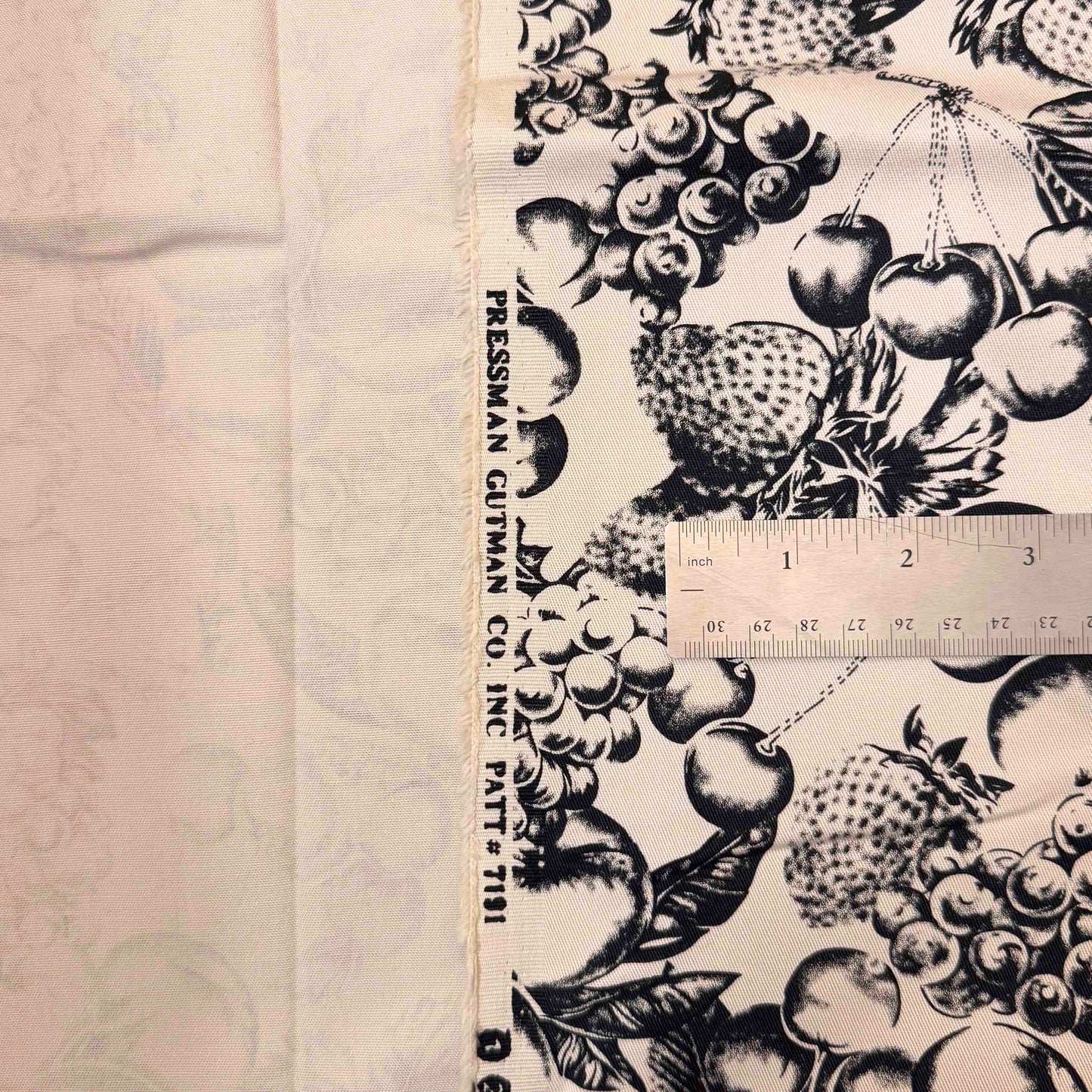 2 2/3 x 54" Khaki Black Fruit Print Pressman Gutman Co Heavy Weight Cotton Blend Stretch