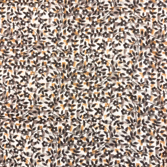 5 yds x 45" Tan Grey Floral Checkered Cotton Fabric