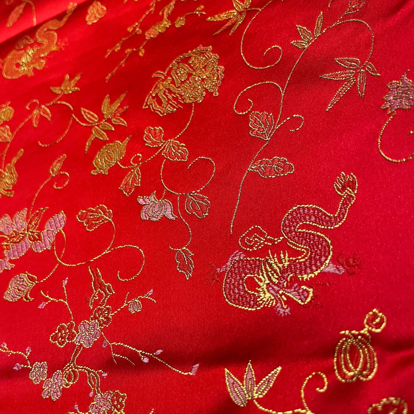 4 1/2 Yds Red Gold Dragon Floral Satin Brocade