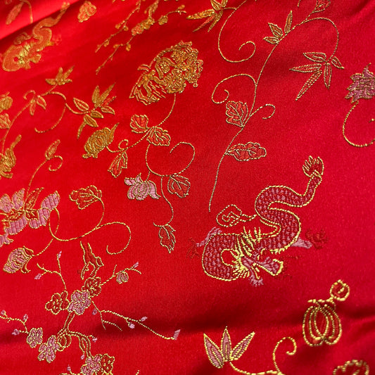 4 1/2 Yds Red Gold Dragon Floral Satin Brocade