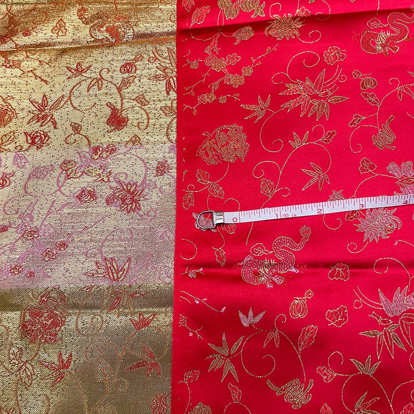 4 1/2 Yds Red Gold Dragon Floral Satin Brocade
