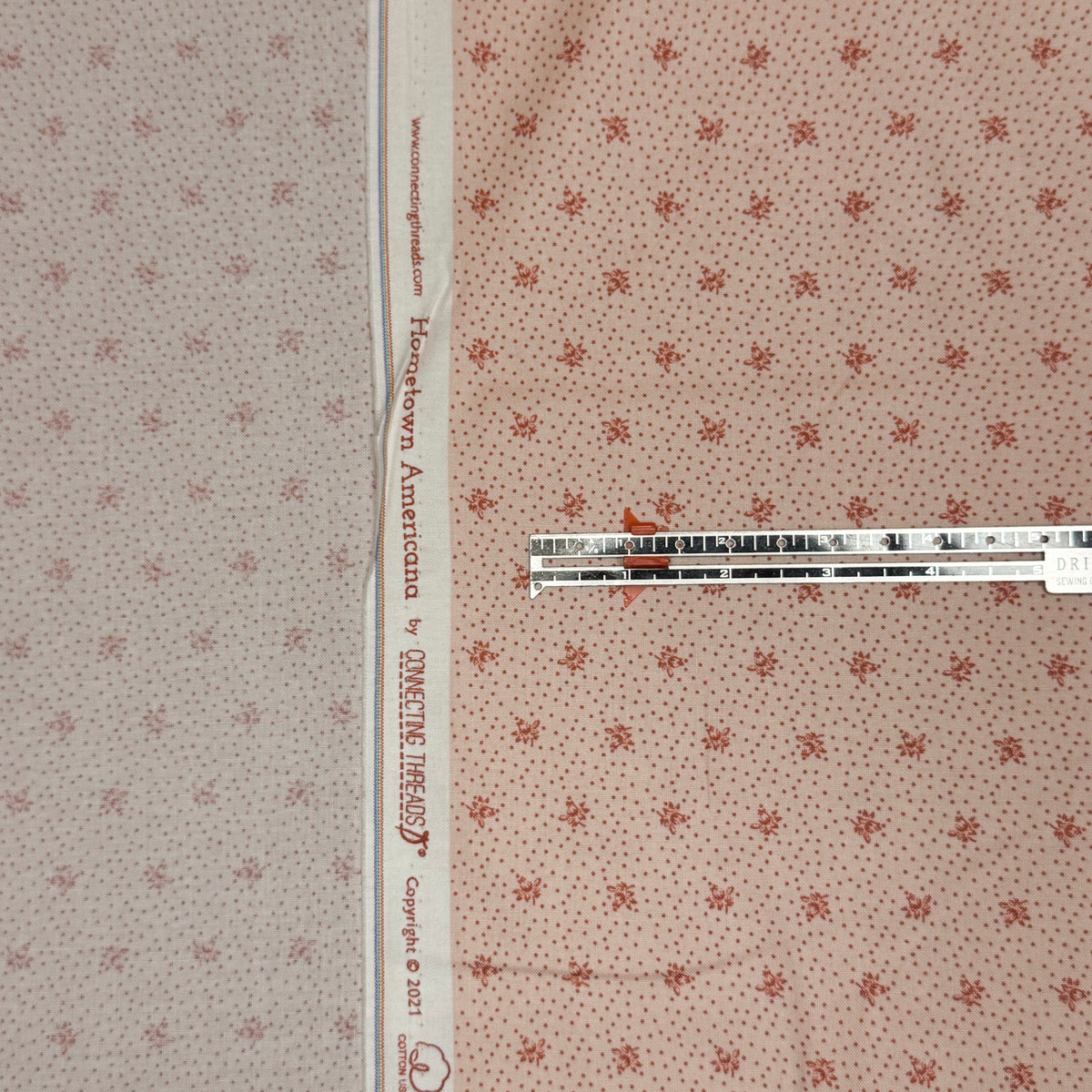 ✂️ 44" Peach Pink Polka Dot Floral Hometown Americana by Connecting Threads Cotton Fabric