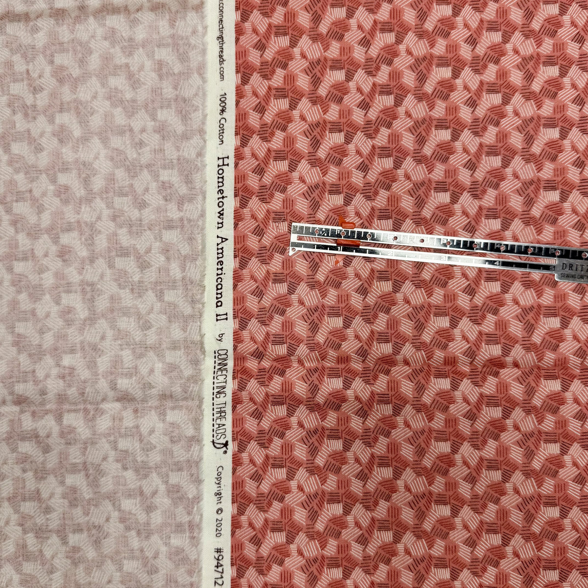 ✂️ 44" Peachy Pink Hatchmarks Hometown Americana by Connecting Threads Cotton Fabric