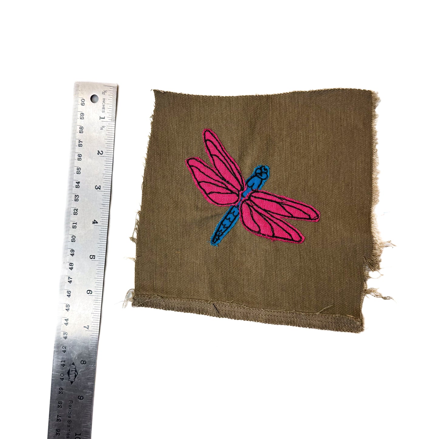 Dragonfly Sew-On Patch, 6" x 6.5", Denim, Linen Fabric