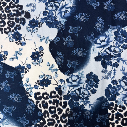 4 1/2 Yds x 54" Blue Leopard Floral Cotton (Denim?) Stretch